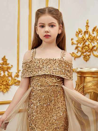 Additional product view of Mesh Overlay Off-Shoulder Sequin Mermaid Short-Sleeve Tween Girls' Party Dress