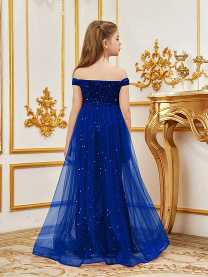 Additional product view of Mesh Overlay Off-Shoulder Sequin Mermaid Short-Sleeve Maxi Tween Girls' Party Dress