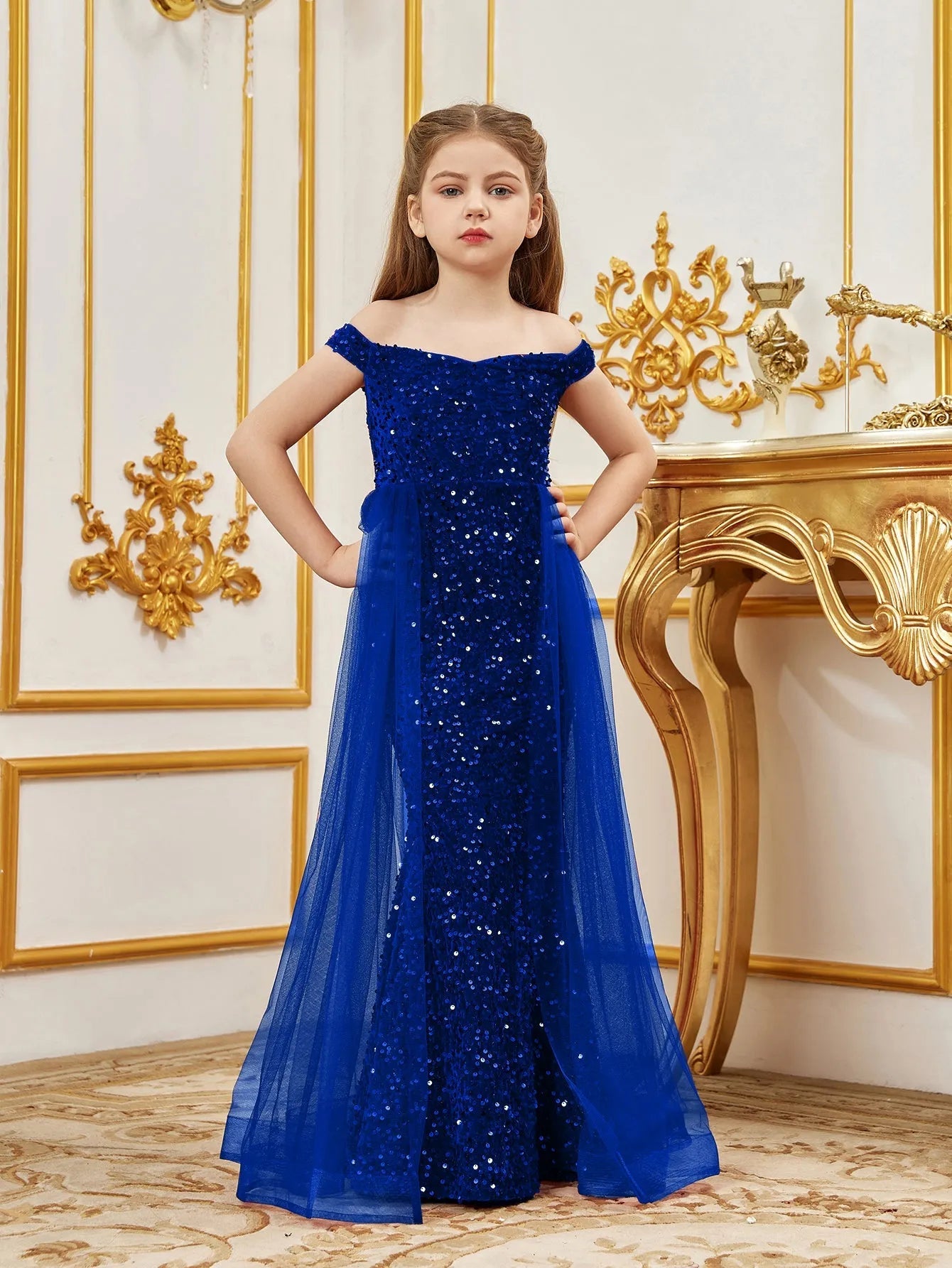 Additional product view of Mesh Overlay Off-Shoulder Sequin Mermaid Short-Sleeve Maxi Tween Girls' Party Dress
