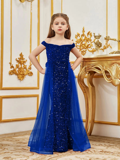 Additional product view of Mesh Overlay Off-Shoulder Sequin Mermaid Short-Sleeve Maxi Tween Girls' Party Dress