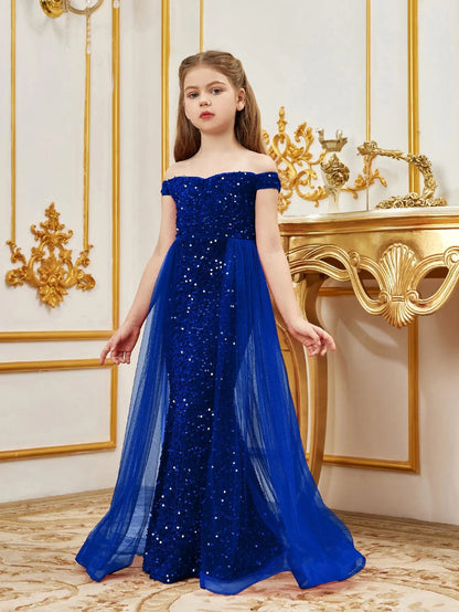 Additional product view of Mesh Overlay Off-Shoulder Sequin Mermaid Short-Sleeve Maxi Tween Girls' Party Dress