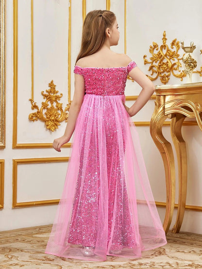 Additional product view of Mesh Overlay Off-Shoulder Sequin Mermaid Short-Sleeve Maxi Tween Girls' Party Dress