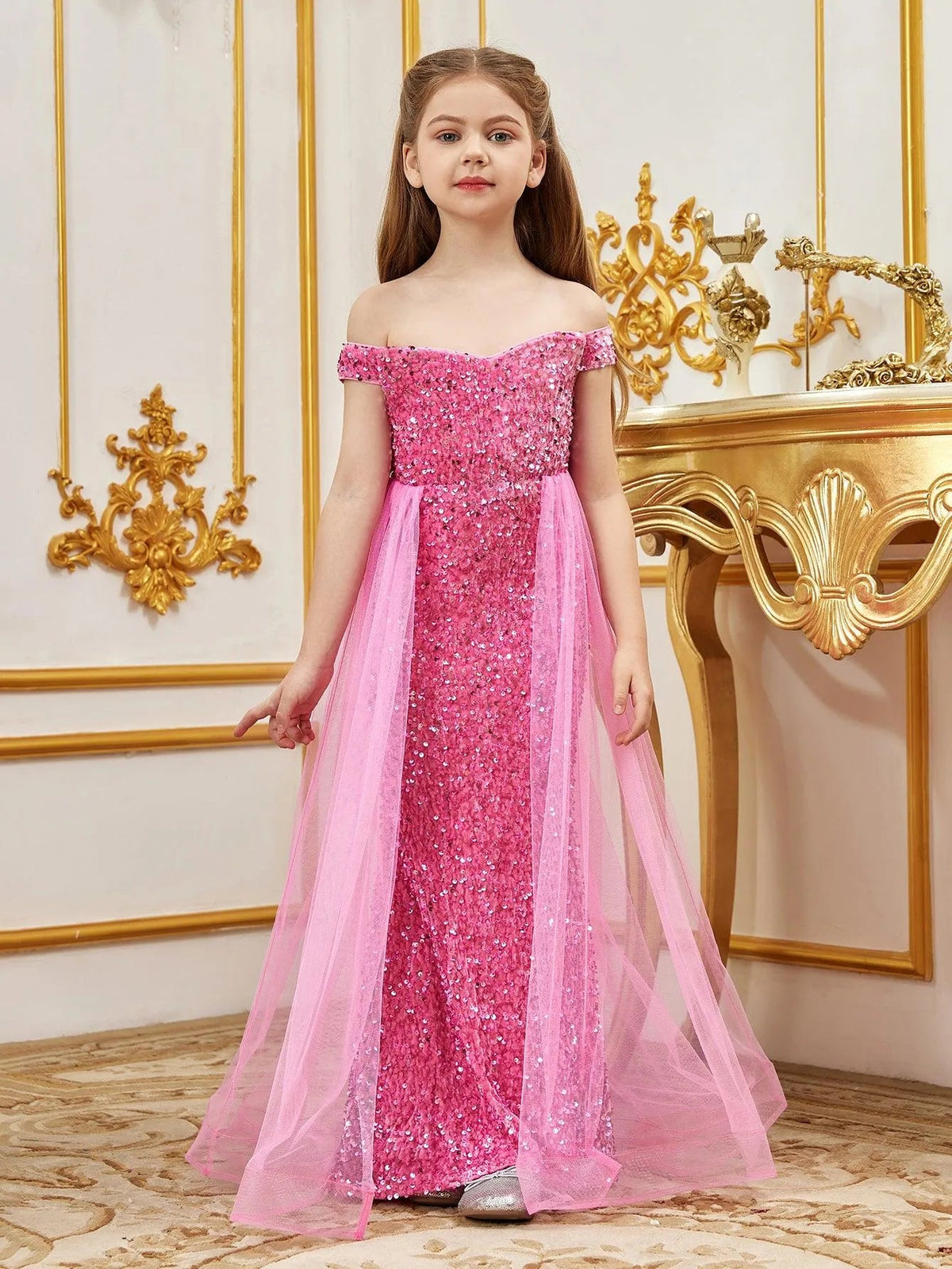 Additional product view of Mesh Overlay Off-Shoulder Sequin Mermaid Short-Sleeve Maxi Tween Girls' Party Dress