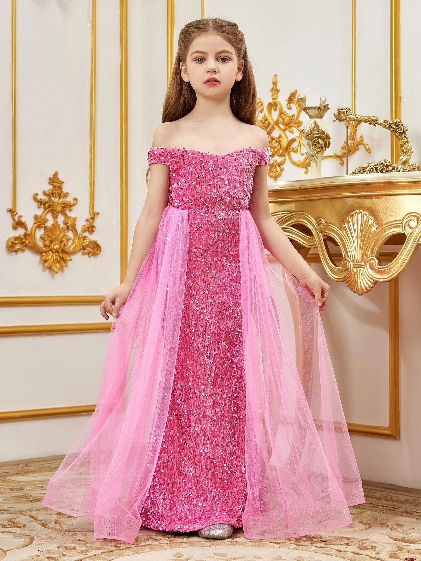 Alternate view of Mesh Overlay Off-Shoulder Sequin Mermaid Short-Sleeve Maxi Tween Girls' Party Dress in Pink