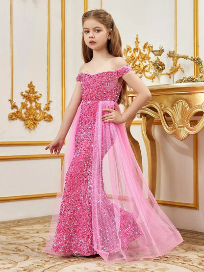 Additional product view of Mesh Overlay Off-Shoulder Sequin Mermaid Short-Sleeve Maxi Tween Girls' Party Dress
