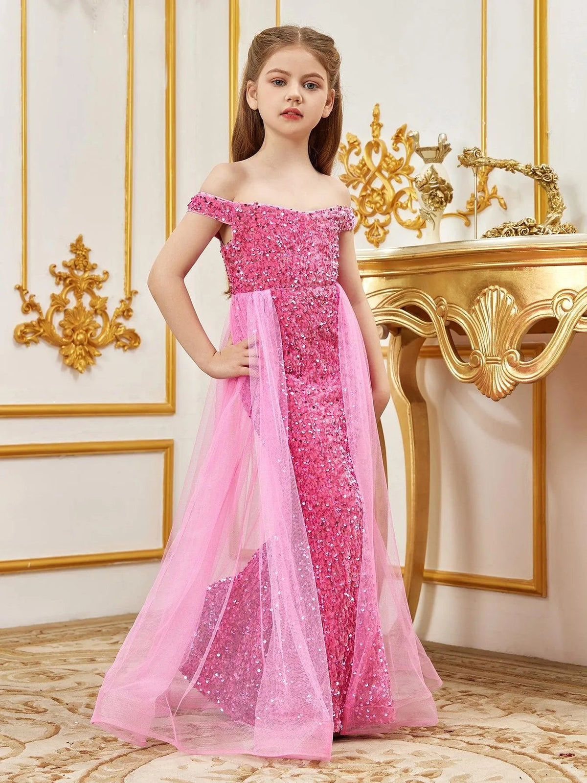 Additional product view of Mesh Overlay Off-Shoulder Sequin Mermaid Short-Sleeve Maxi Tween Girls' Party Dress
