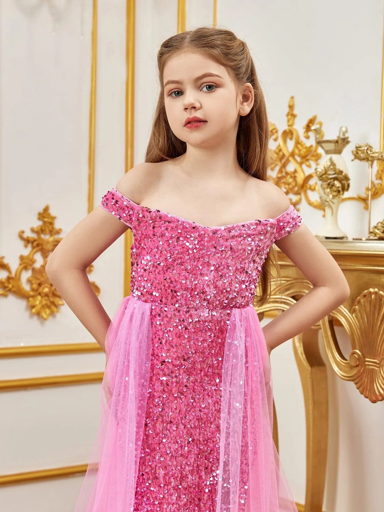 Additional product view of Mesh Overlay Off-Shoulder Sequin Mermaid Short-Sleeve Maxi Tween Girls' Party Dress