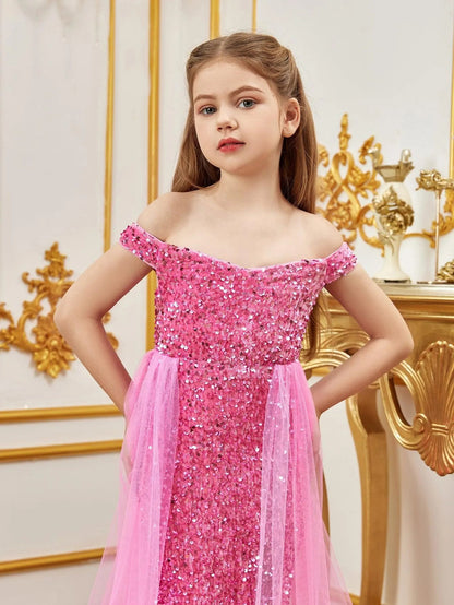 Additional product view of Mesh Overlay Off-Shoulder Sequin Mermaid Short-Sleeve Maxi Tween Girls' Party Dress