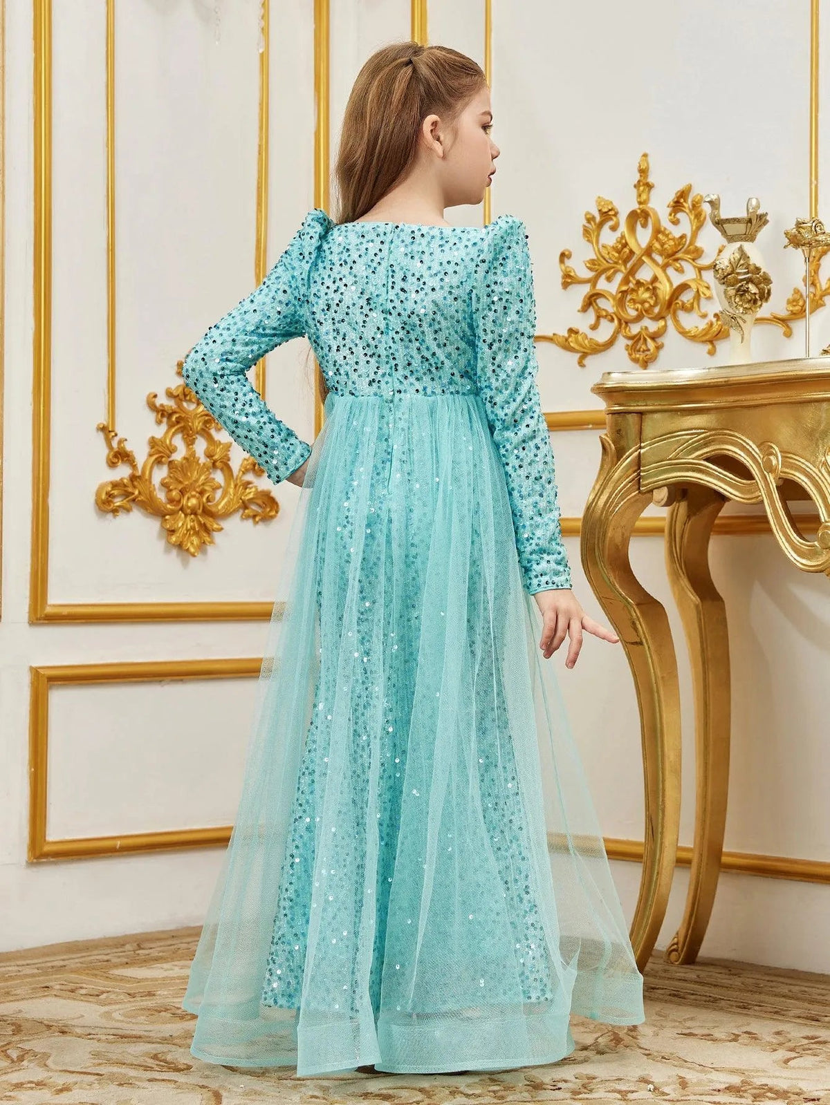 Additional product view of Mesh Overlay V-Neck Sequin Mermaid Long-Sleeve Tween Girls' Party Dress