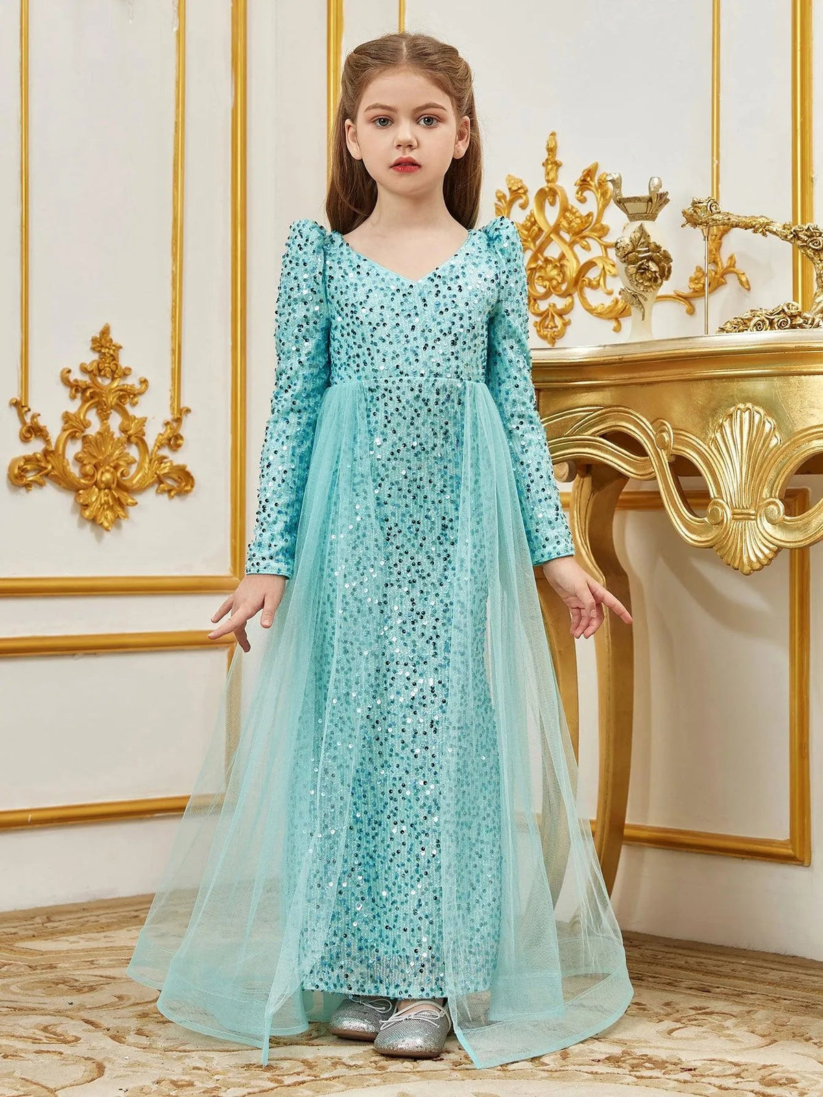 Additional product view of Mesh Overlay V-Neck Sequin Mermaid Long-Sleeve Tween Girls' Party Dress