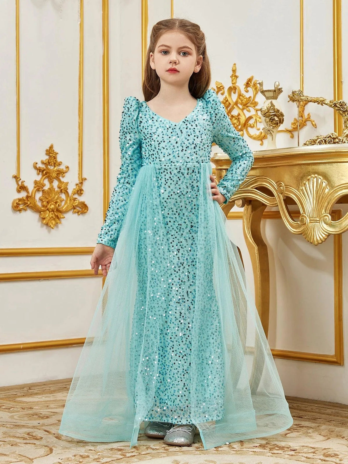 Alternate view of Mesh Overlay V-Neck Sequin Mermaid Long-Sleeve Tween Girls' Party Dress in Mint