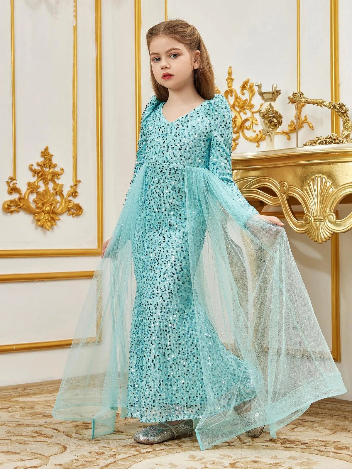 Additional product view of Mesh Overlay V-Neck Sequin Mermaid Long-Sleeve Tween Girls' Party Dress
