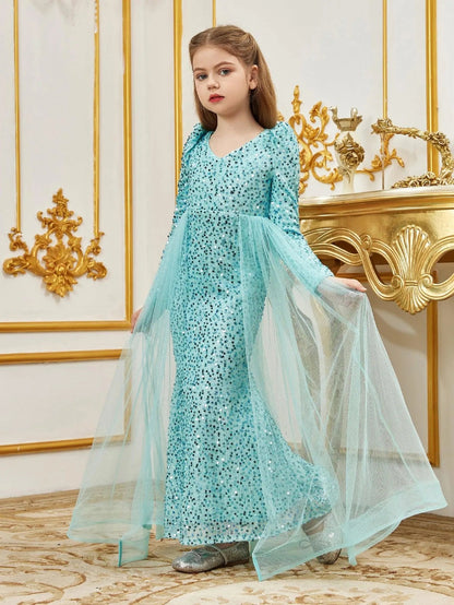 Additional product view of Mesh Overlay V-Neck Sequin Mermaid Long-Sleeve Tween Girls' Party Dress