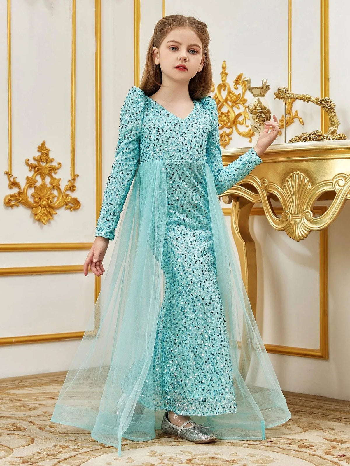 Additional product view of Mesh Overlay V-Neck Sequin Mermaid Long-Sleeve Tween Girls' Party Dress