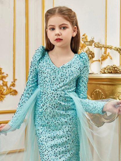 Additional product view of Mesh Overlay V-Neck Sequin Mermaid Long-Sleeve Tween Girls' Party Dress