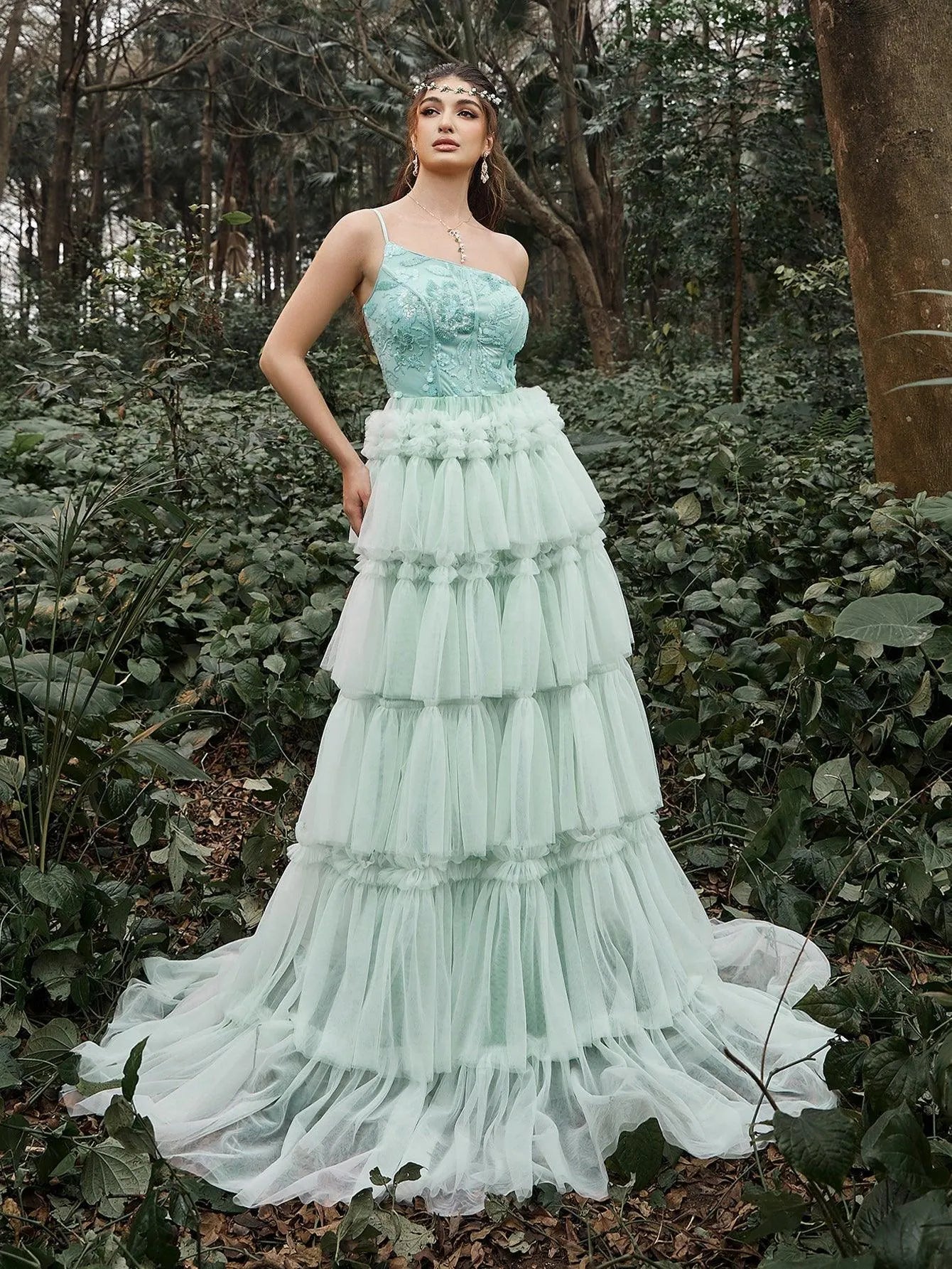One-Shoulder Sequin Tulle Sleeveless A-Line Evening Gown — authorized product image 3