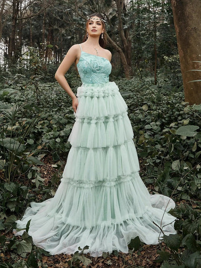 One-Shoulder Sequin Tulle Sleeveless A-Line Evening Gown — authorized product image 3