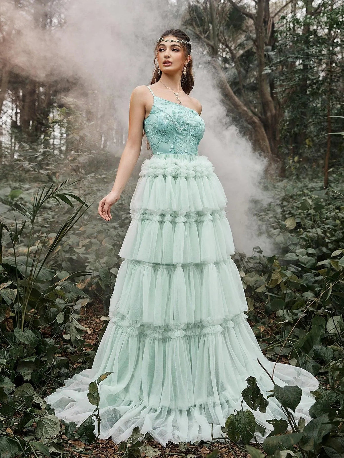 One-Shoulder Sequin Tulle Sleeveless A-Line Evening Gown — authorized product image 4