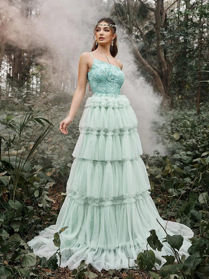 One-Shoulder Sequin Tulle Sleeveless A-Line Evening Gown — authorized product image 4