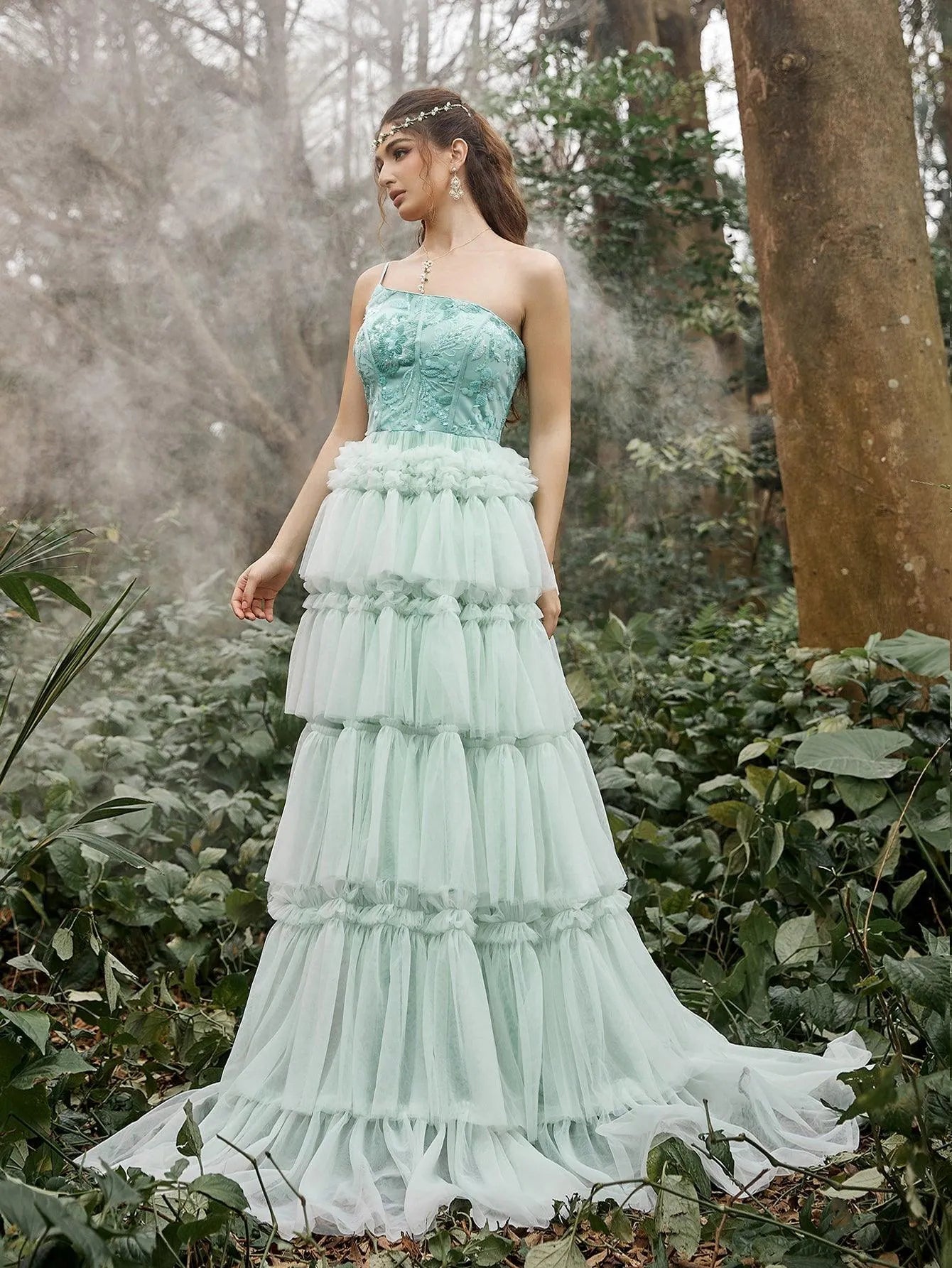One-Shoulder Sequin Tulle Sleeveless A-Line Evening Gown — authorized product image 5