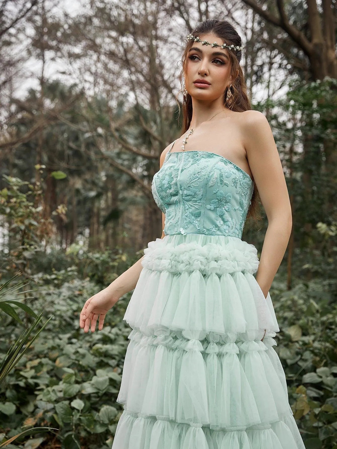 One-Shoulder Sequin Tulle Sleeveless A-Line Evening Gown — authorized product image 6