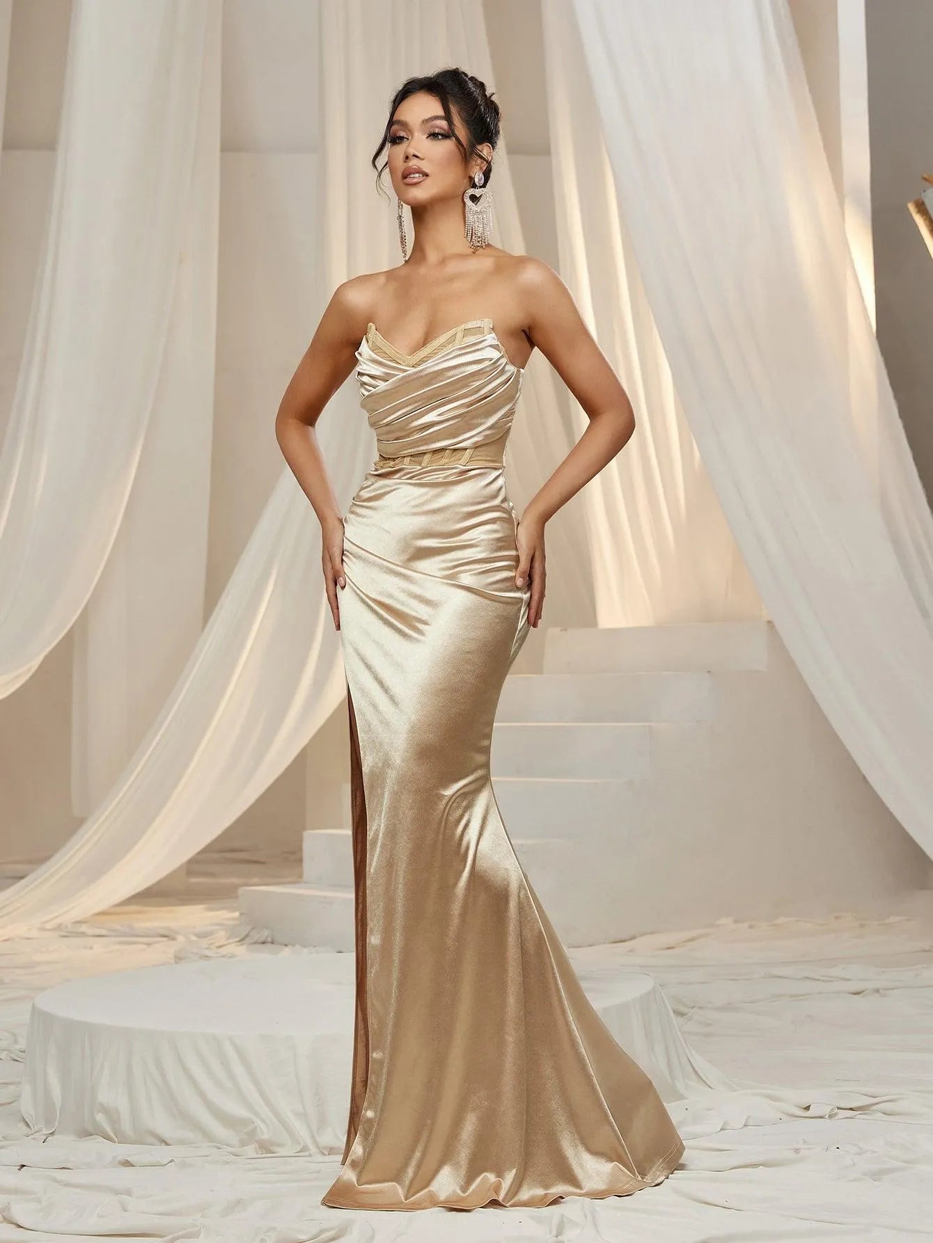 Additional product view of Ruched Wrap Mermaid Hem Strapless Satin High-Slit Evening Gown
