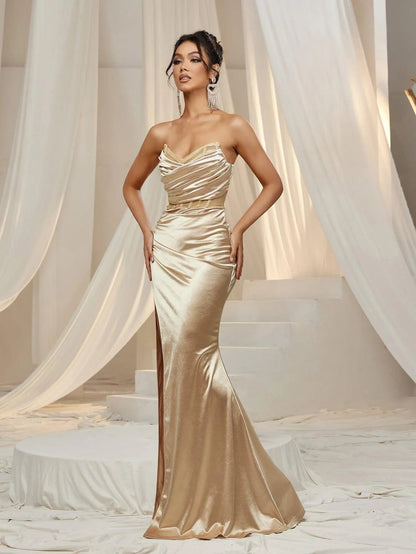 Additional product view of Ruched Wrap Mermaid Hem Strapless Satin High-Slit Evening Gown
