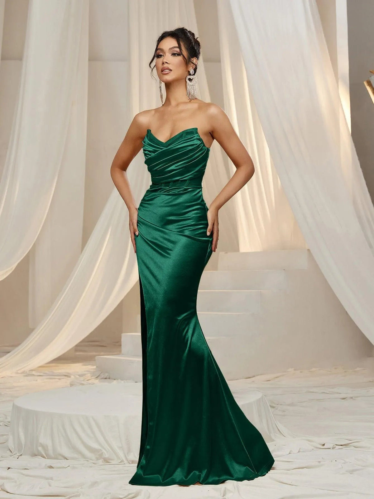 Additional product view of Ruched Wrap Mermaid Hem Strapless Satin High-Slit Evening Gown