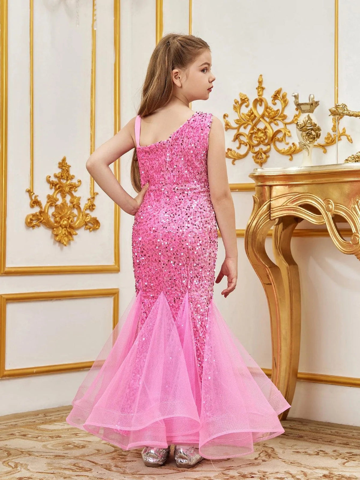 Additional product view of Mesh Insert Mermaid Hem One-Shoulder Sequin Sleeveless Tween Girls' Party Dress