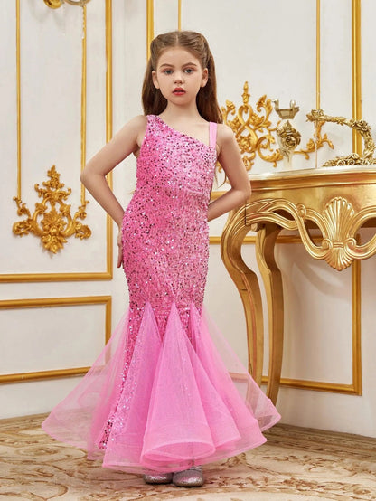 Alternate view of Mesh Insert Mermaid Hem One-Shoulder Sequin Sleeveless Tween Girls' Party Dress in Pink