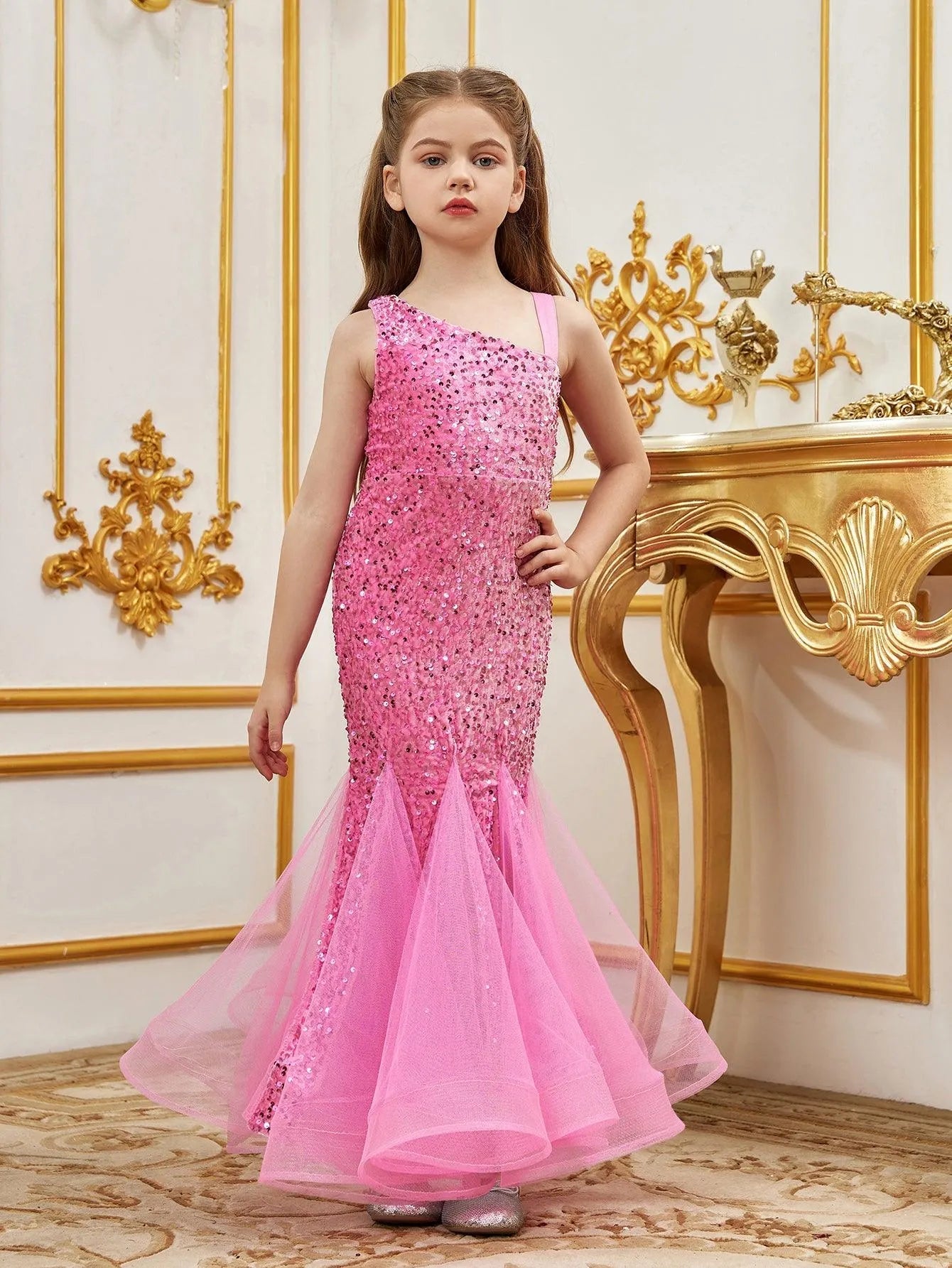 Additional product view of Mesh Insert Mermaid Hem One-Shoulder Sequin Sleeveless Tween Girls' Party Dress