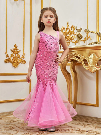 Additional product view of Mesh Insert Mermaid Hem One-Shoulder Sequin Sleeveless Tween Girls' Party Dress