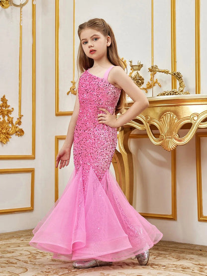 Additional product view of Mesh Insert Mermaid Hem One-Shoulder Sequin Sleeveless Tween Girls' Party Dress