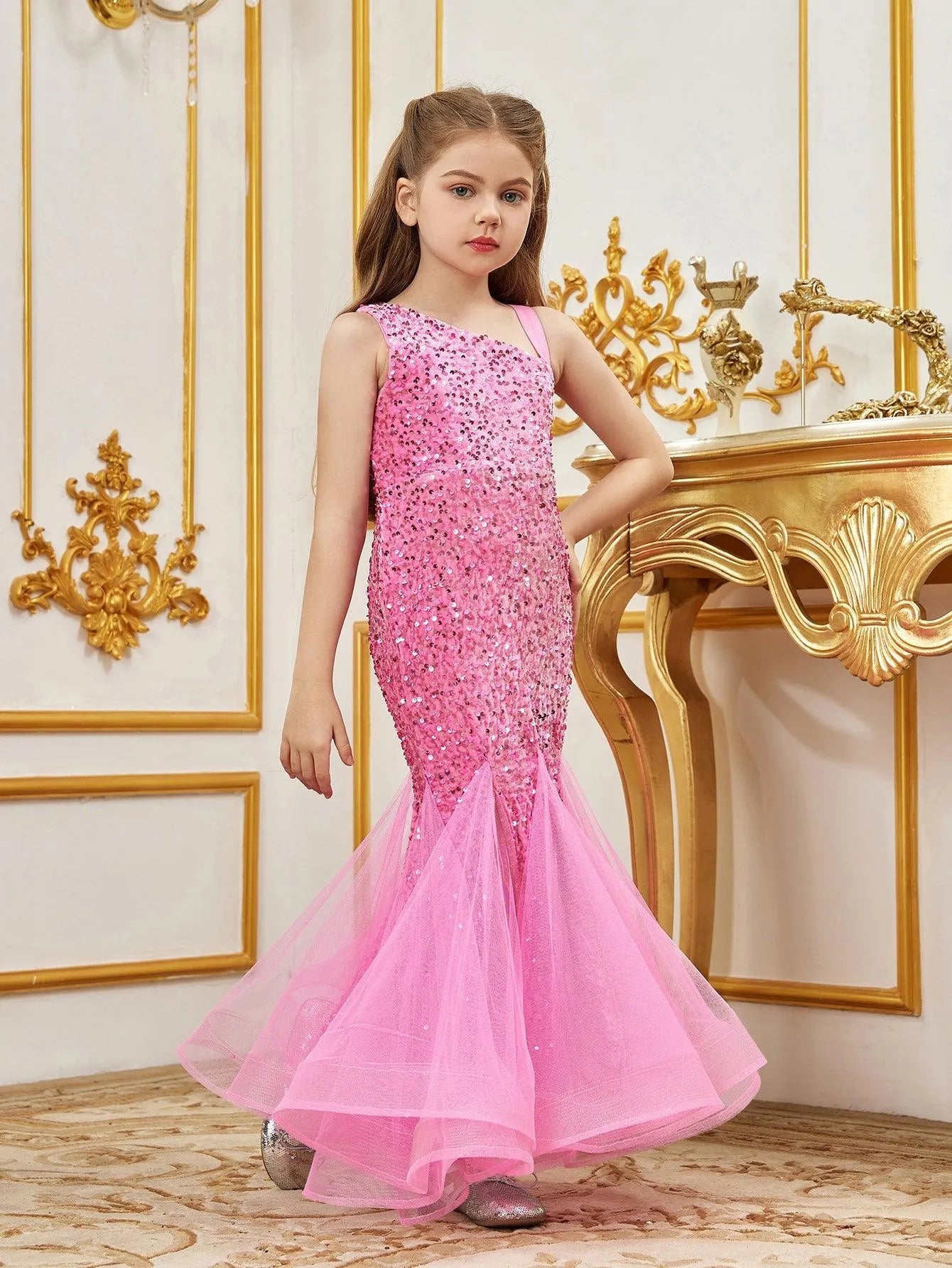 Additional product view of Mesh Insert Mermaid Hem One-Shoulder Sequin Sleeveless Tween Girls' Party Dress