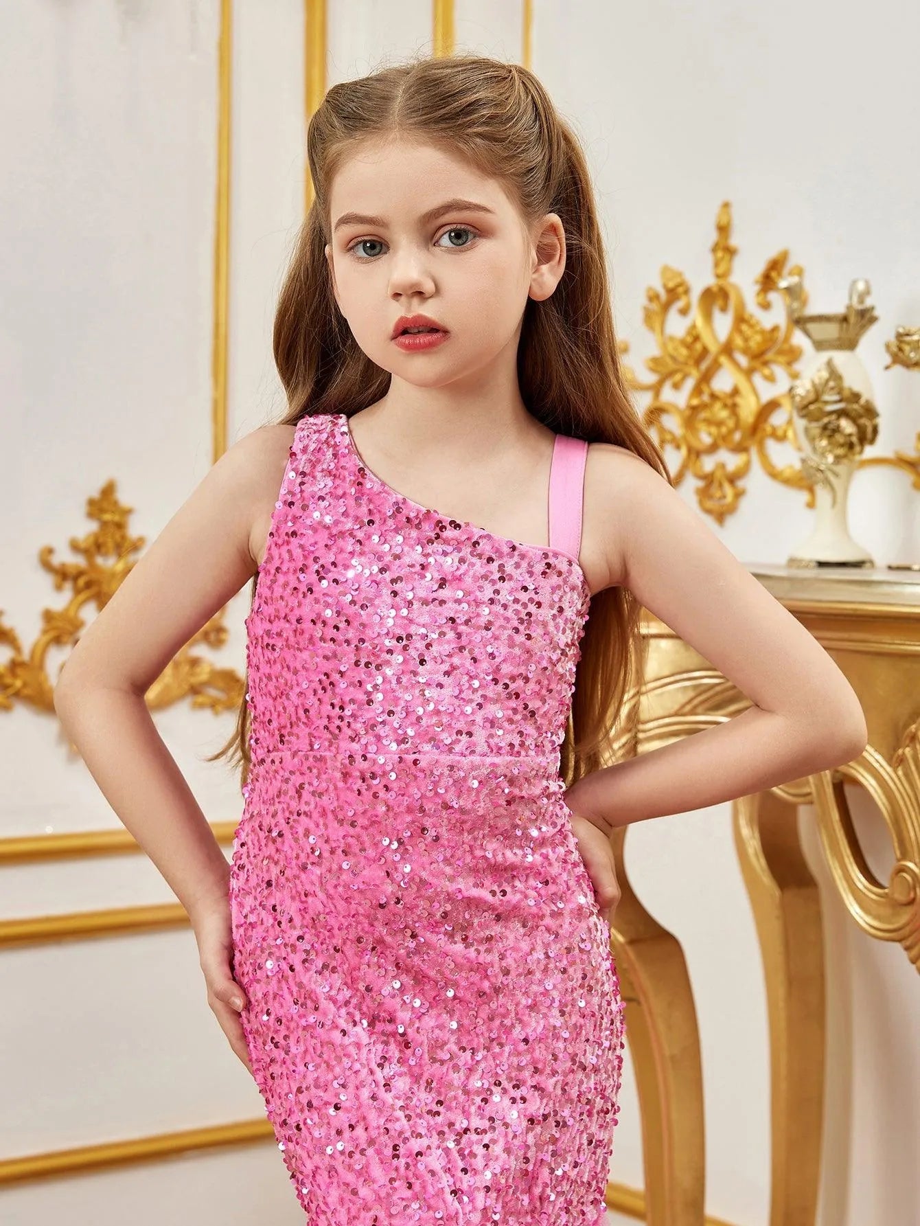 Additional product view of Mesh Insert Mermaid Hem One-Shoulder Sequin Sleeveless Tween Girls' Party Dress