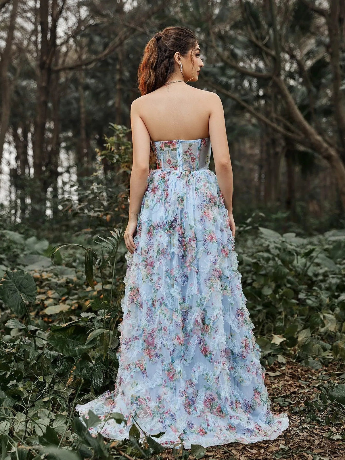 Ruched Bustier Ruffle Trim Hem Floral Printed Tube Dress