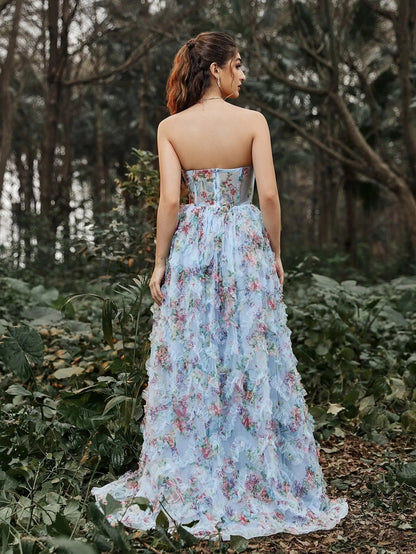 Ruched Bustier Ruffle Trim Hem Floral Printed Tube Dress