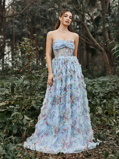 Ruched Bustier Ruffle Trim Hem Floral Printed Tube Dress