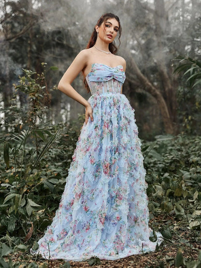Ruched Bustier Ruffle Trim Hem Floral Printed Tube Dress