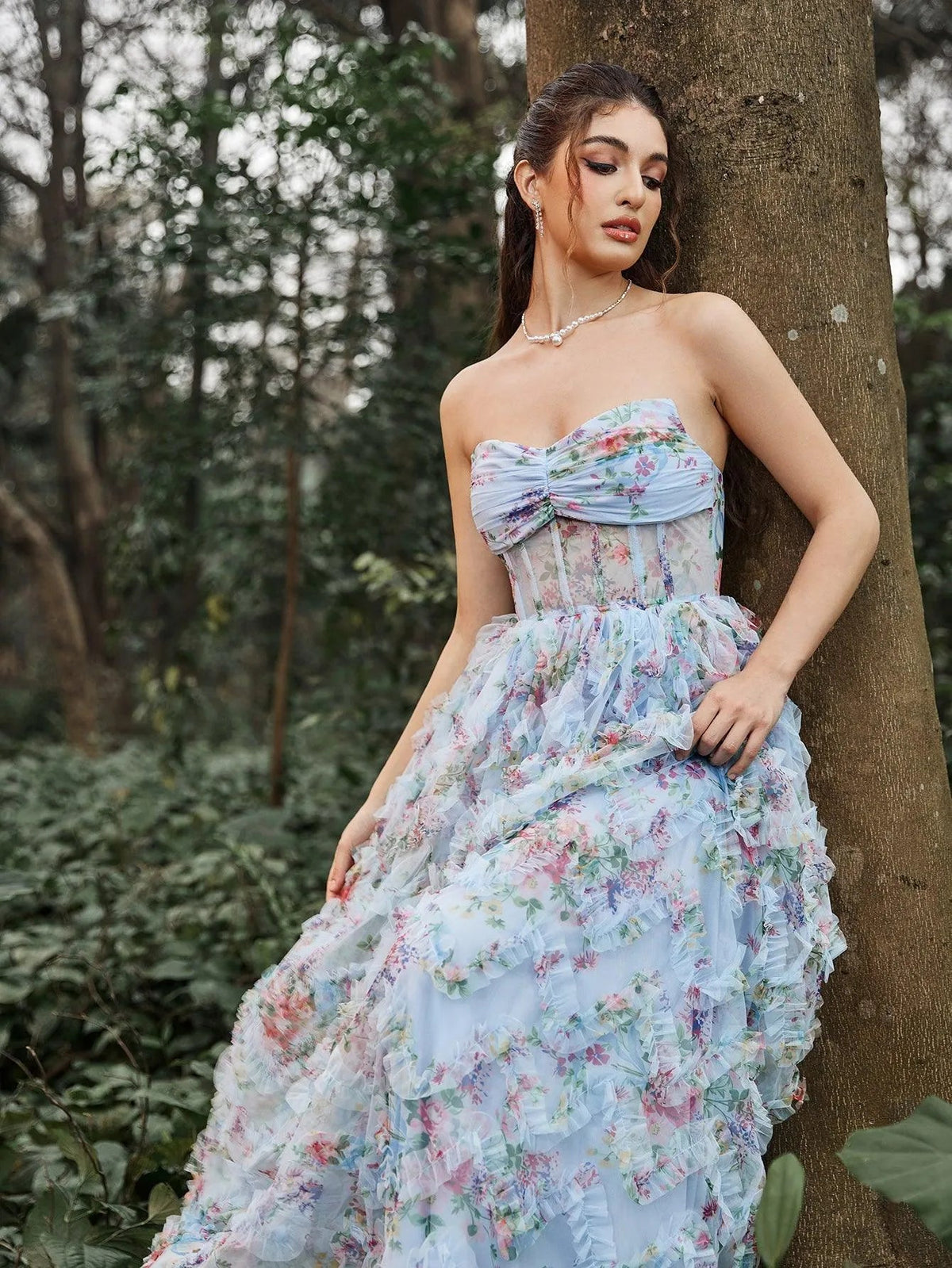 Ruched Bustier Ruffle Trim Hem Floral Printed Tube Dress