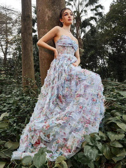 Ruched Bustier Ruffle Trim Hem Floral Printed Tube Dress