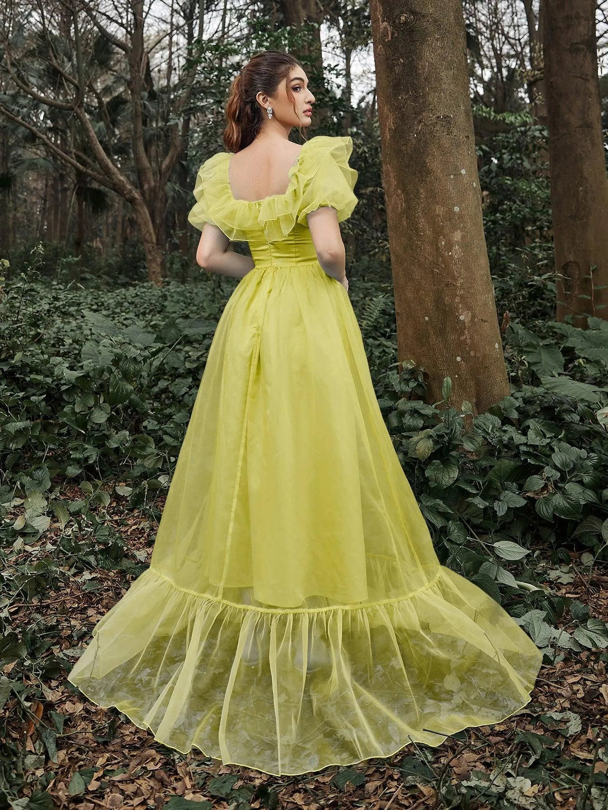 Additional product view of Ruffle Trim Puff-Sleeve Square-Neck Mesh High-Slit Evening Gown