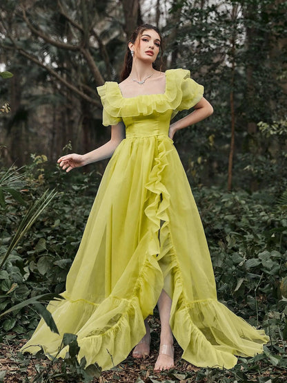 Alternate view of Ruffle Trim Puff-Sleeve Square-Neck Mesh High-Slit Evening Gown in Yellow