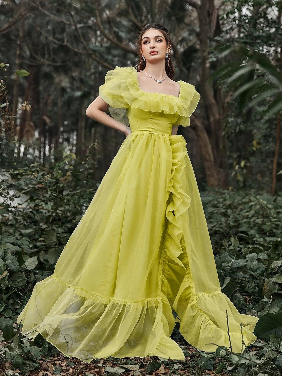 Additional product view of Ruffle Trim Puff-Sleeve Square-Neck Mesh High-Slit Evening Gown