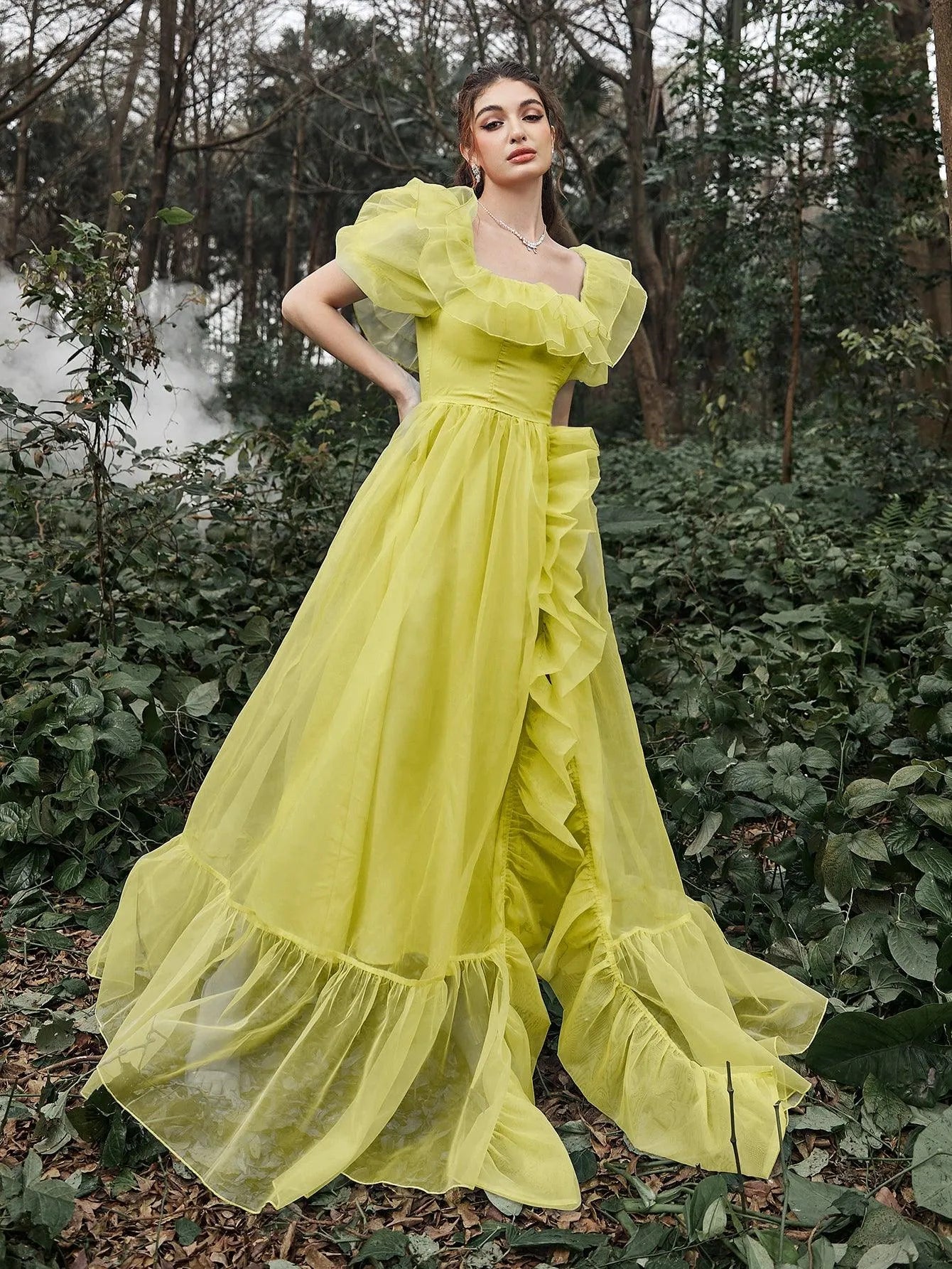 Additional product view of Ruffle Trim Puff-Sleeve Square-Neck Mesh High-Slit Evening Gown