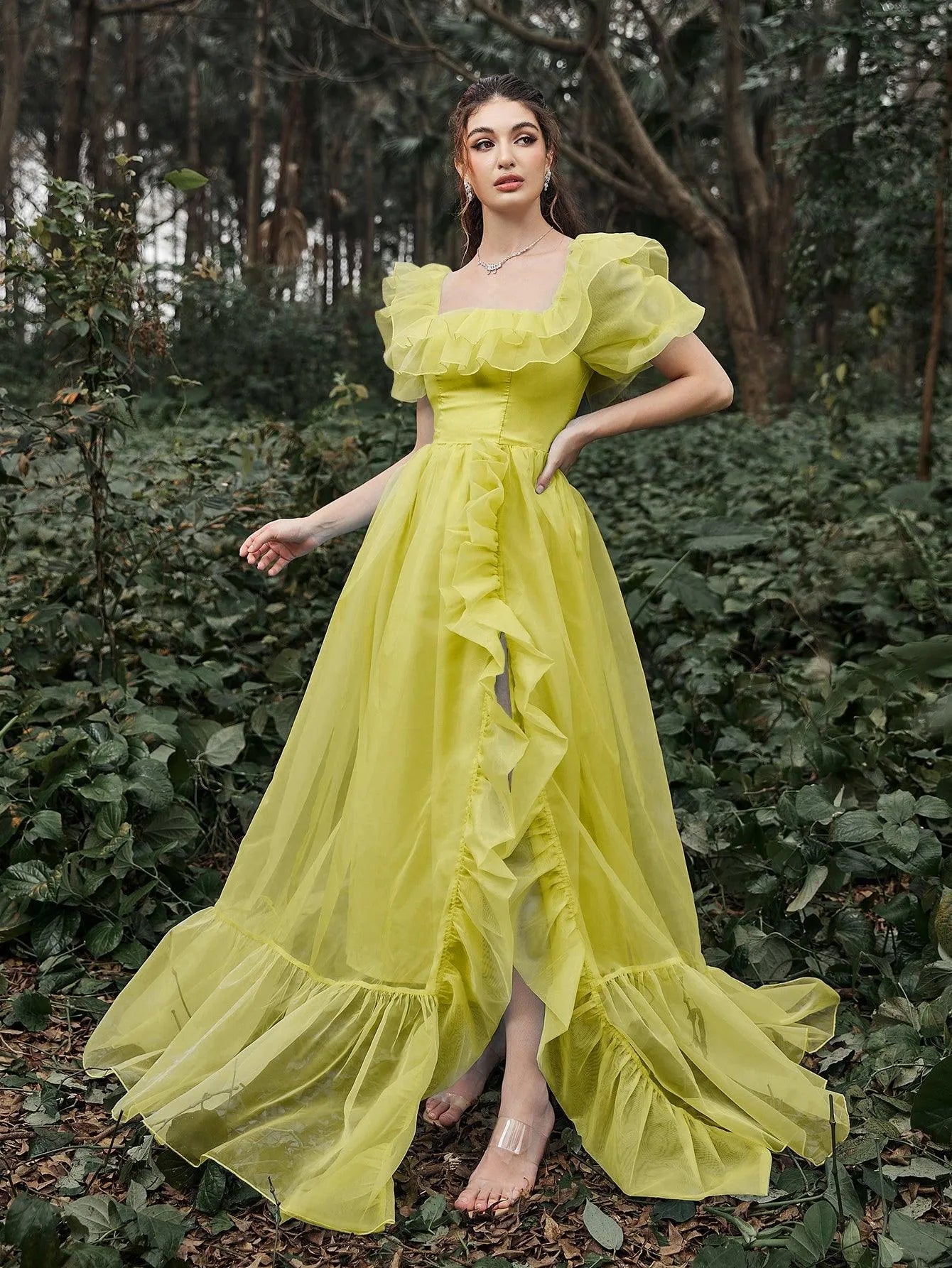 Additional product view of Ruffle Trim Puff-Sleeve Square-Neck Mesh High-Slit Evening Gown