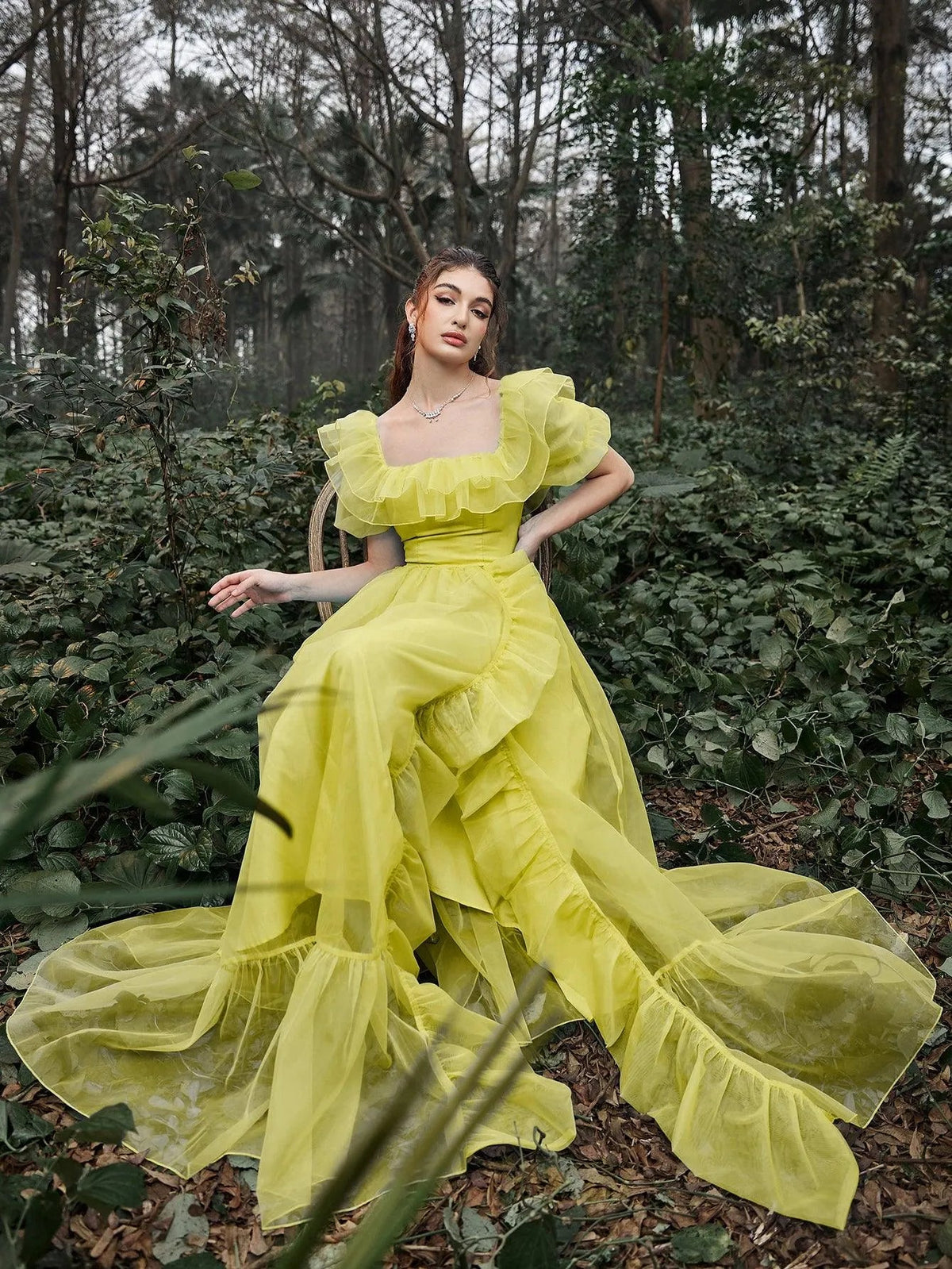 Additional product view of Ruffle Trim Puff-Sleeve Square-Neck Mesh High-Slit Evening Gown