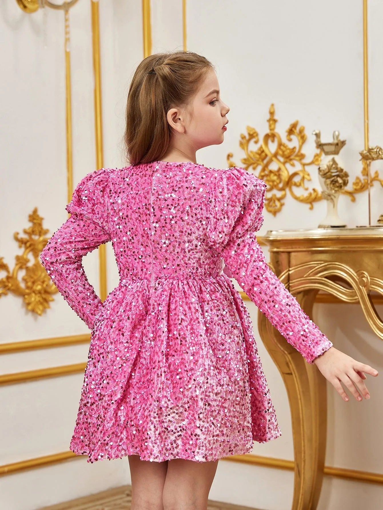 Additional product view of Mock-Neck Sequin A-Line Long-Sleeve Midi Tween Girls' Party Dress