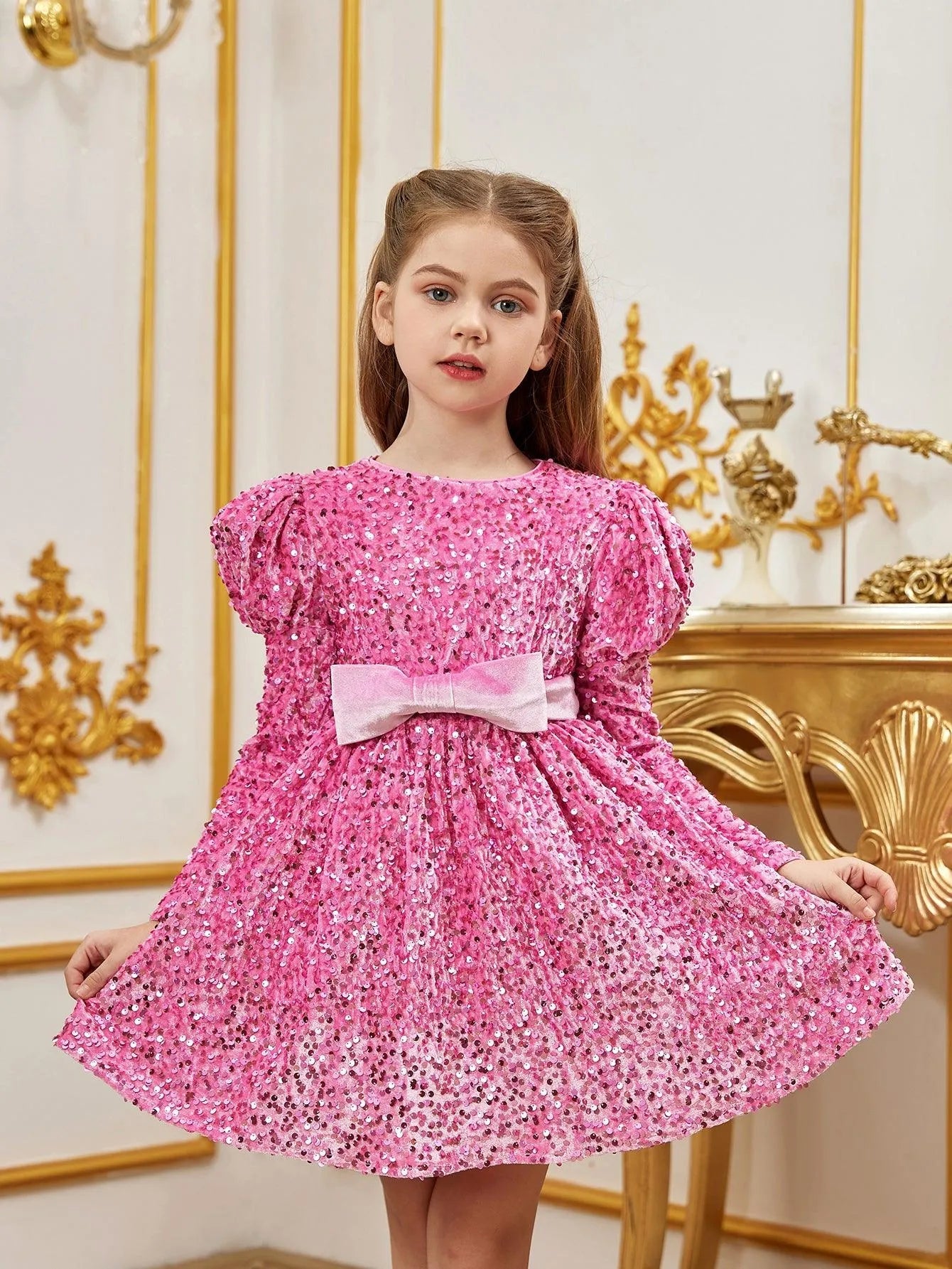 Additional product view of Mock-Neck Sequin A-Line Long-Sleeve Midi Tween Girls' Party Dress