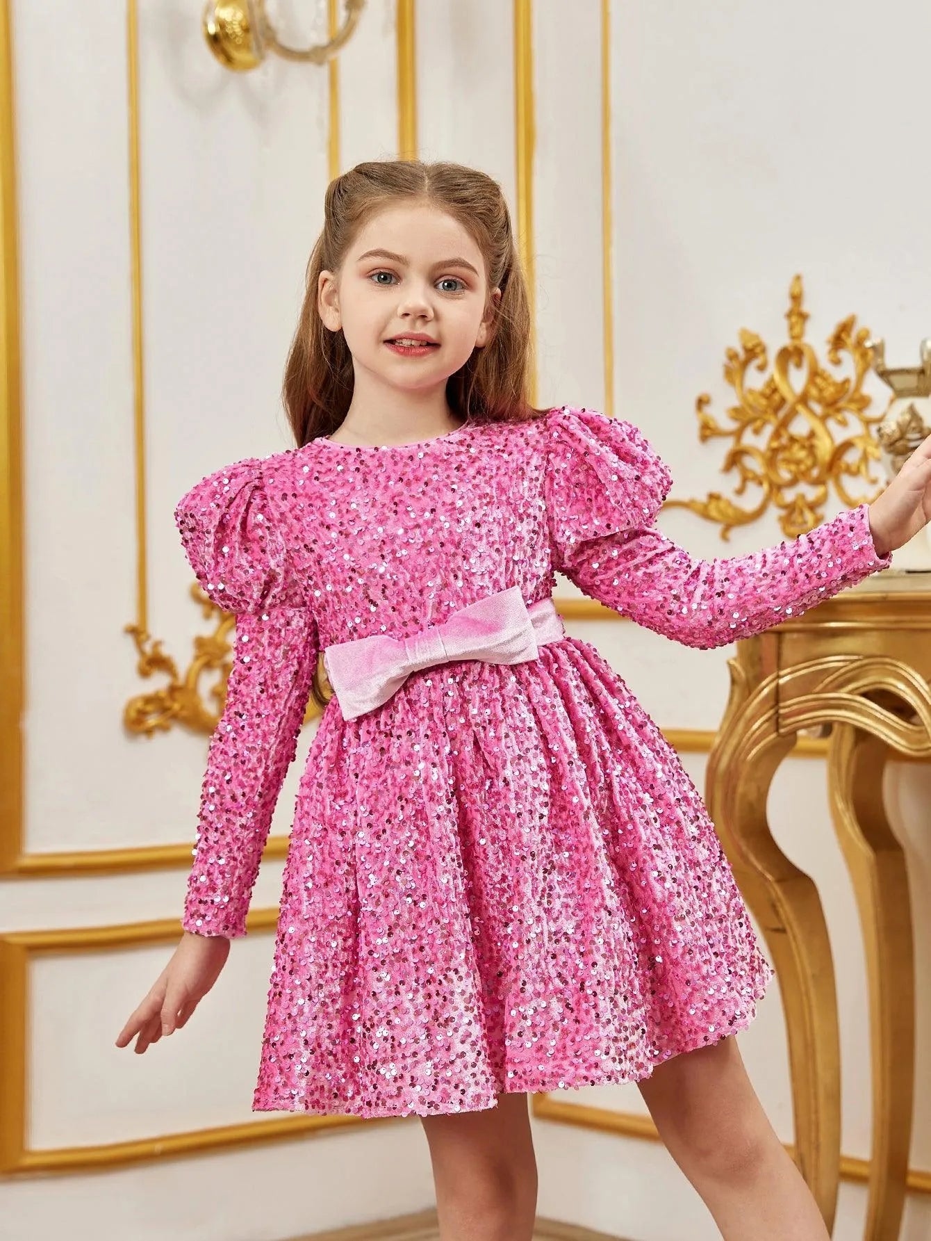 Mock-Neck Sequin A-Line Long-Sleeve Midi Tween Girls' Party Dress in Pink
